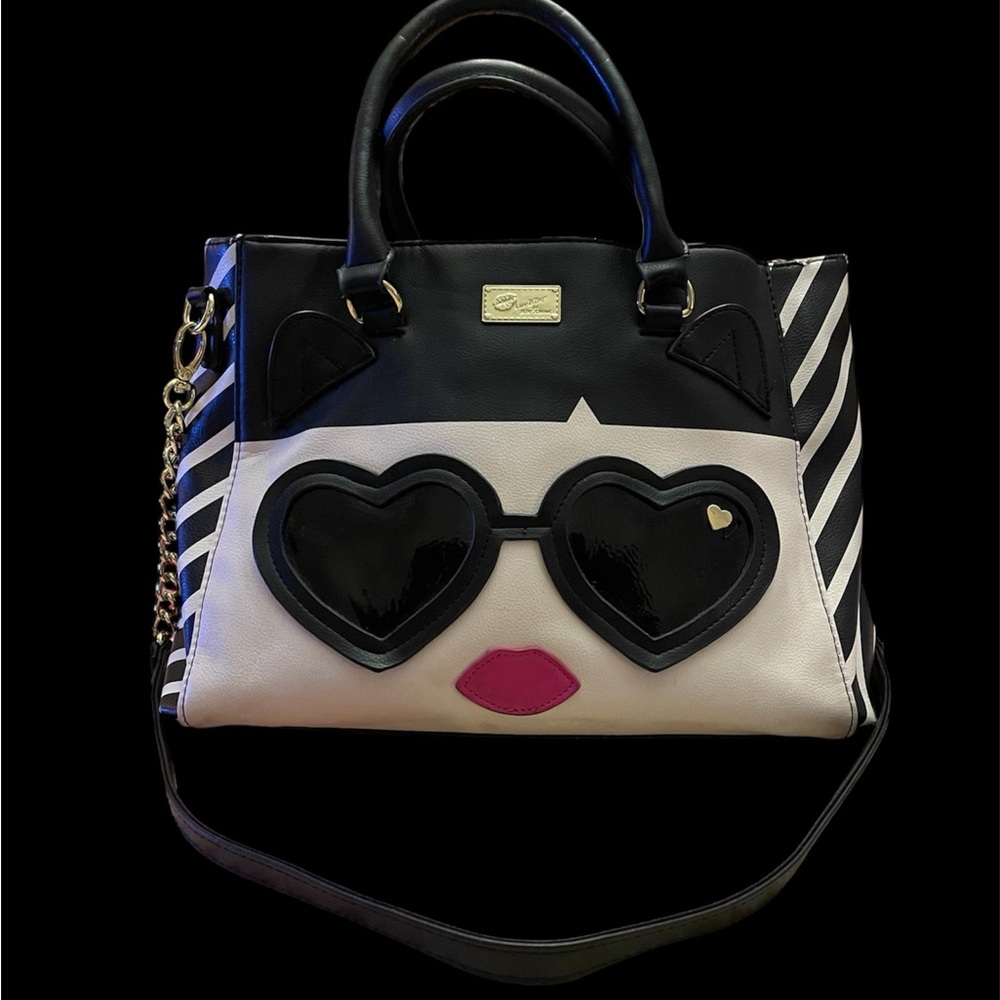 Betsey Johnson Black and White Tote Bag with Heart Sunglasses Design